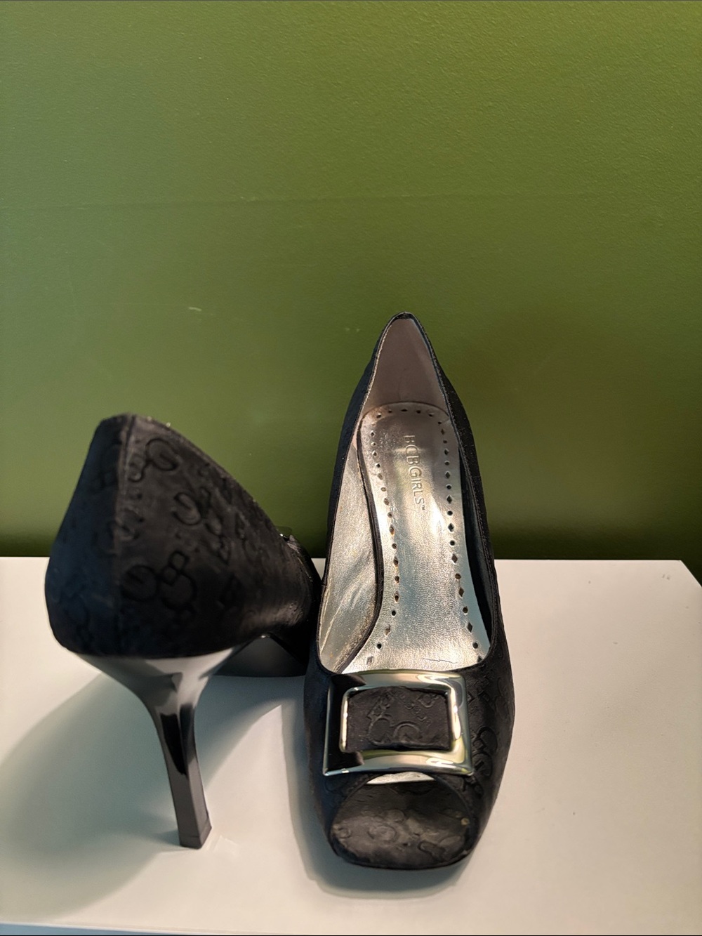 BCBGirls Black Peep-Toe Buckle Stiletto Pumps